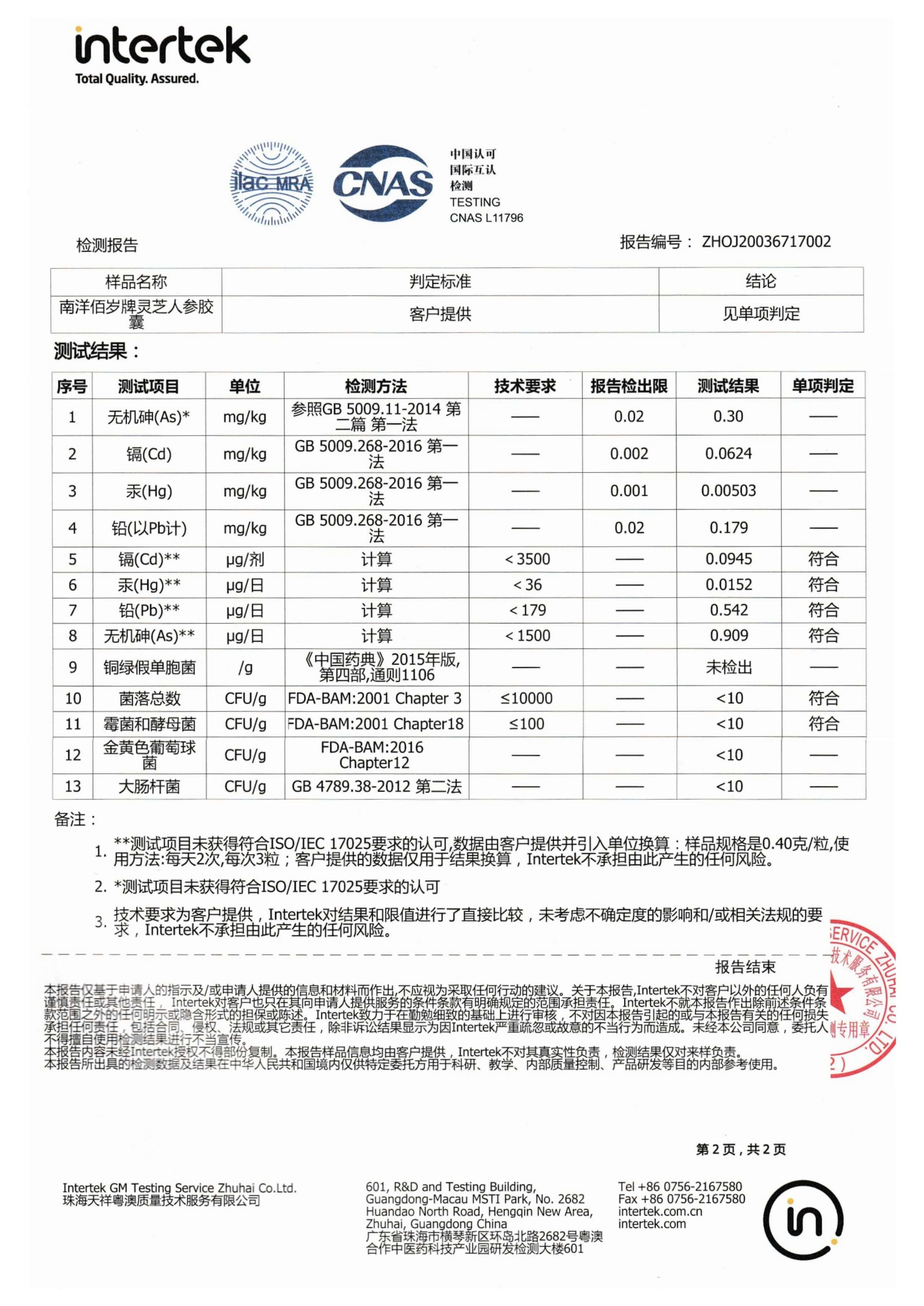 南洋佰岁牌人参灵芝胶囊检测报告